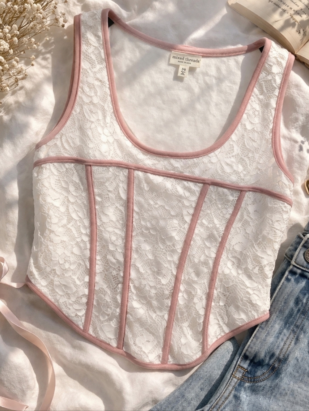 Mixed Threads White Lace Pink Stretch Blouse 2X